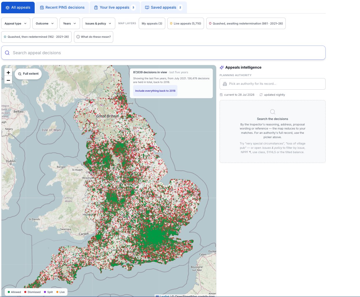 The appeals workbench: search, filters, layers and the national decisions map