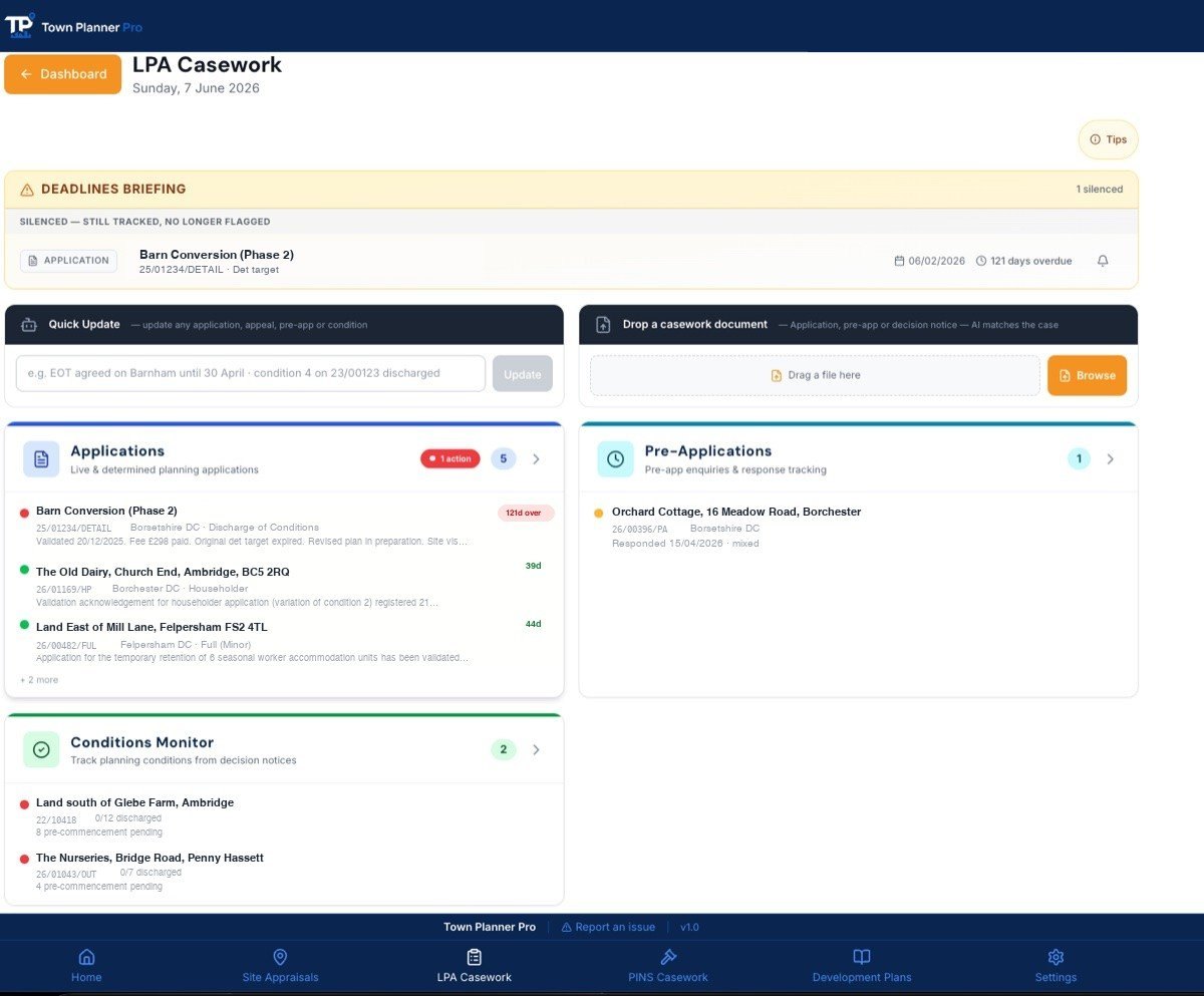 LPA casework board with applications, pre-apps and conditions