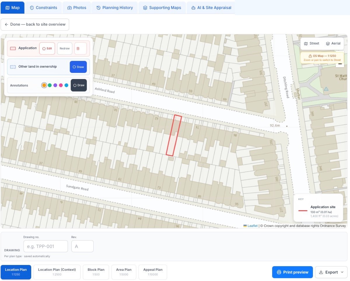 Site plan generator with location and block plan scales